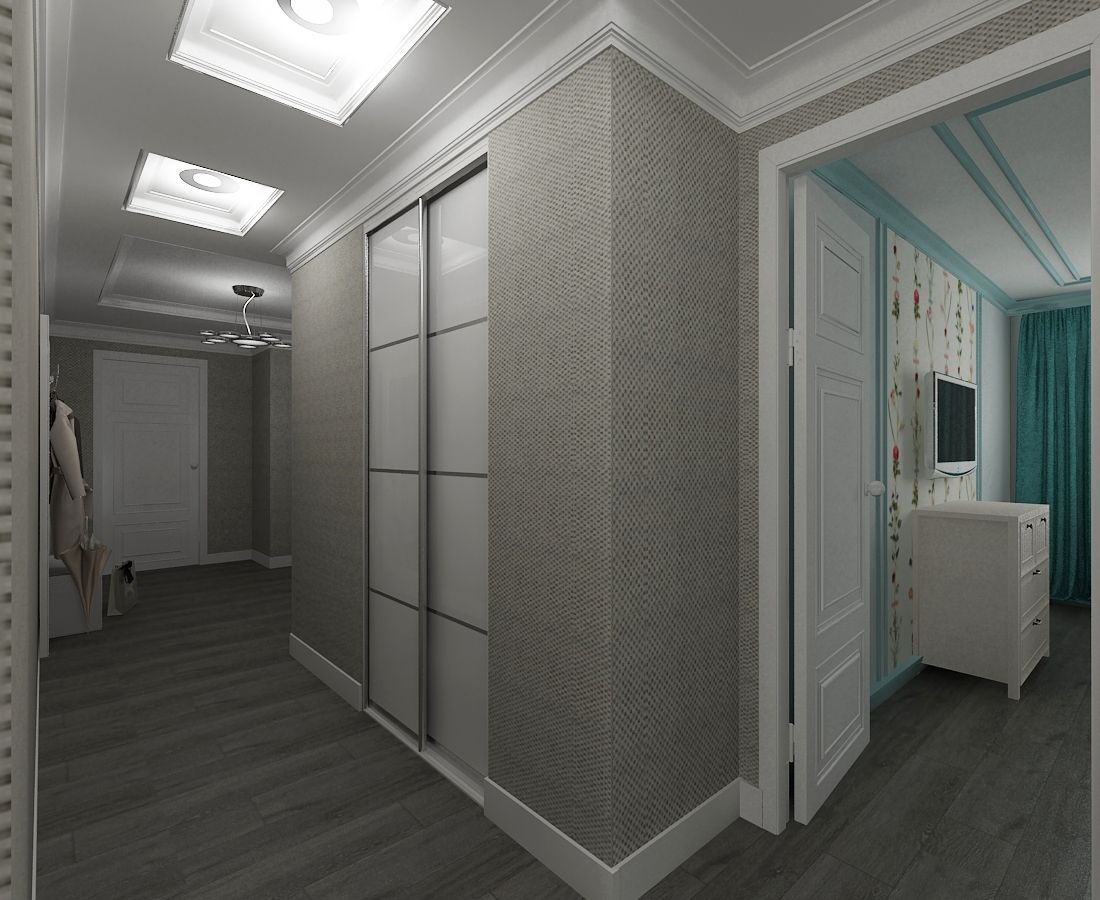 ламинат одного цвета, широкие карнизы и кессоны для расширения пространства, дизайнер проекта Елена Андрианова