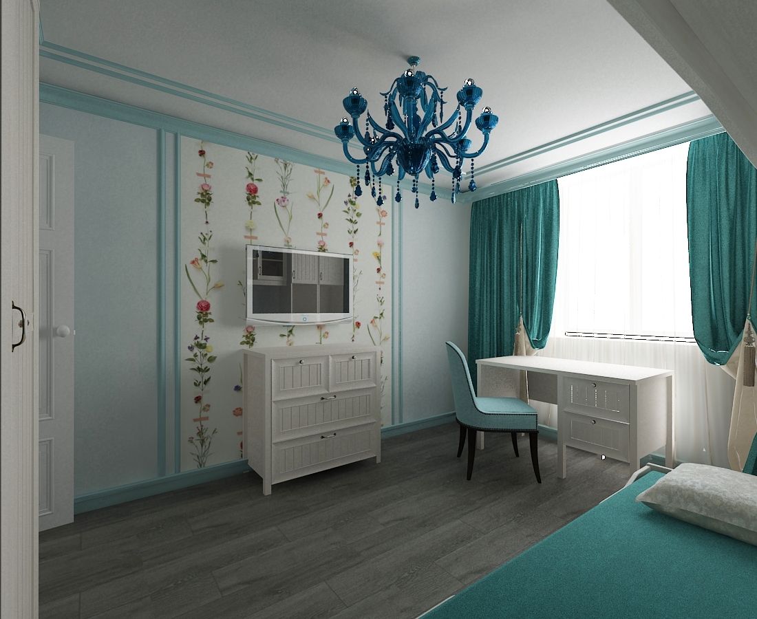 красочные акценты в детской: бирюзовый цвет и фотопанно с цветами, дизайнер проекта Елена Андрианова