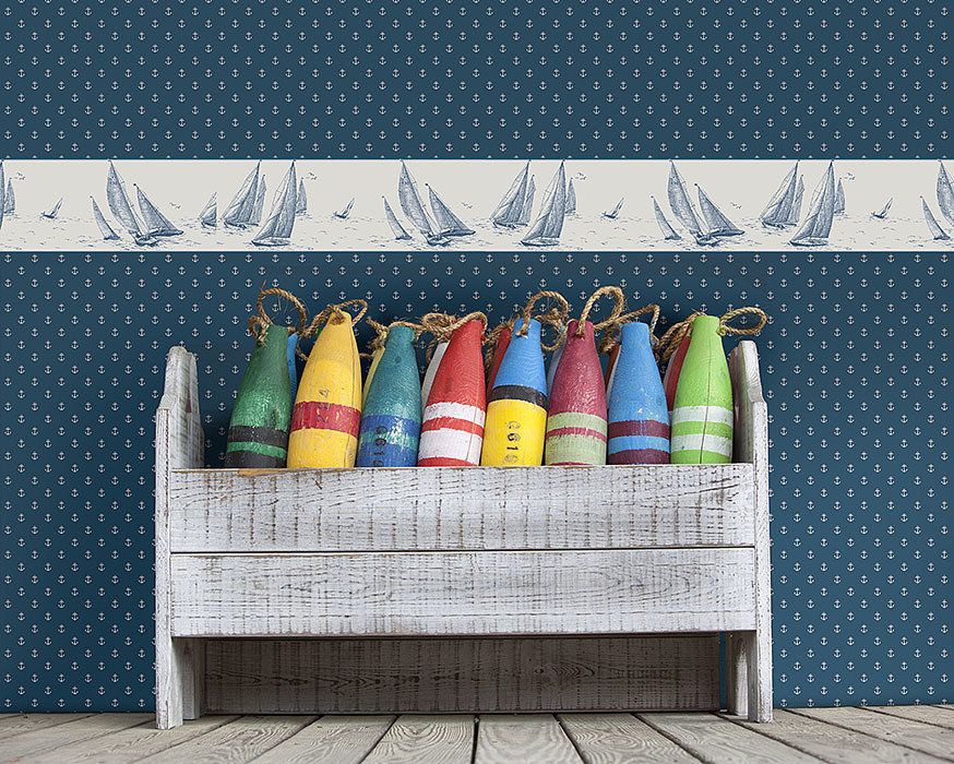 обои с рисунками якорей и парусников глубокого синего цвета