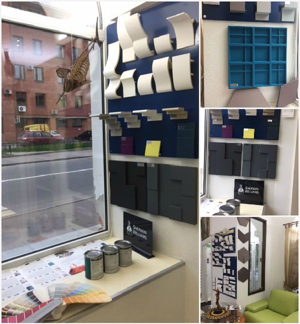 образцы выкрасов Sherwin-Williams на лепнине Modern в салоне «Двери Авантаж», Санкт-Петербург