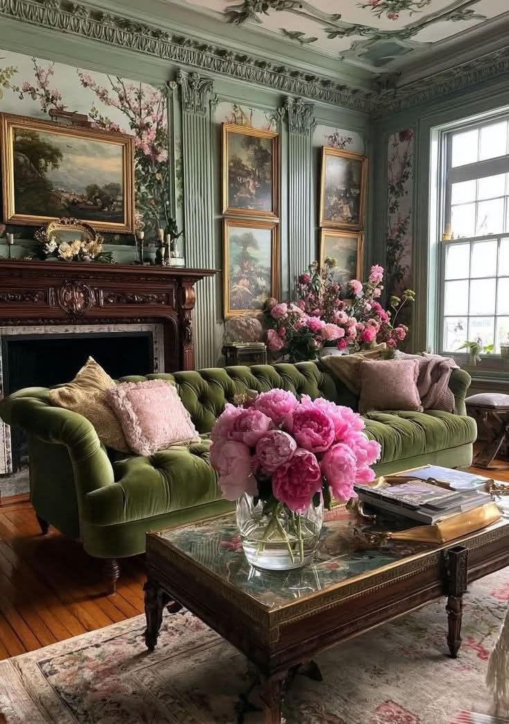 Викторианская гостиная в зелёно‑розовых тонах: зелёный бархатный диван с подушками, перед ним деревянный стол со стеклом и букетом ярко‑розовых пионов. Слева — тёмный резной камин, стены и потолок выкрашены в мягкий зелёный и украшены картинами и росписью с цветущими ветками, справа — большое окно, много света и цветочных композиций.
