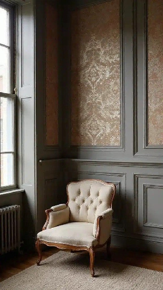 Уютный угол у окна: светлое винтажное кресло с мягкой стёганой обивкой стоит у стены с высокими панелями серо‑оливкового цвета. Внутри панелей — обои с нежным бежево‑розовым растительным рисунком. На полу — простой светлый ковёр, слева видно большое окно и чугунный радиатор.