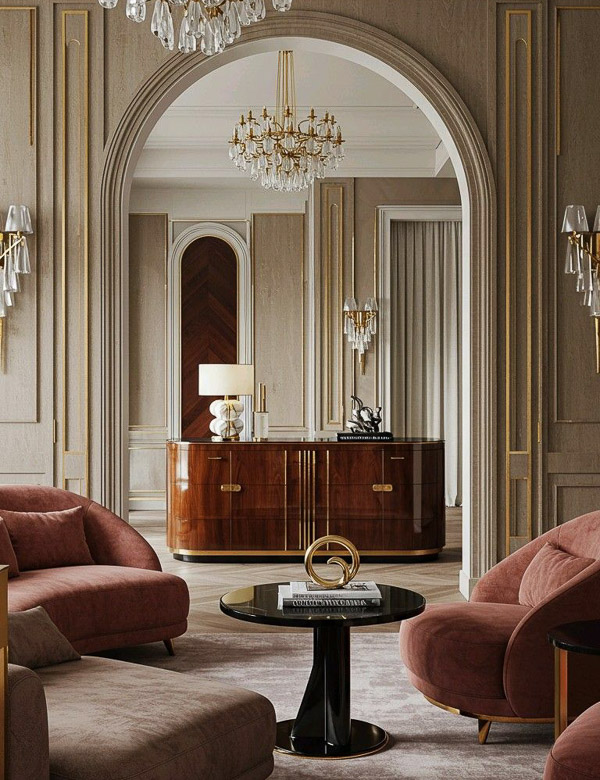 Гостиная в стиле ар-деко: розовые кресла и диван вокруг чёрного журнального столика, за арочным проёмом — лакированный буфет, хрустальные люстры и стены с золотистыми молдингами.