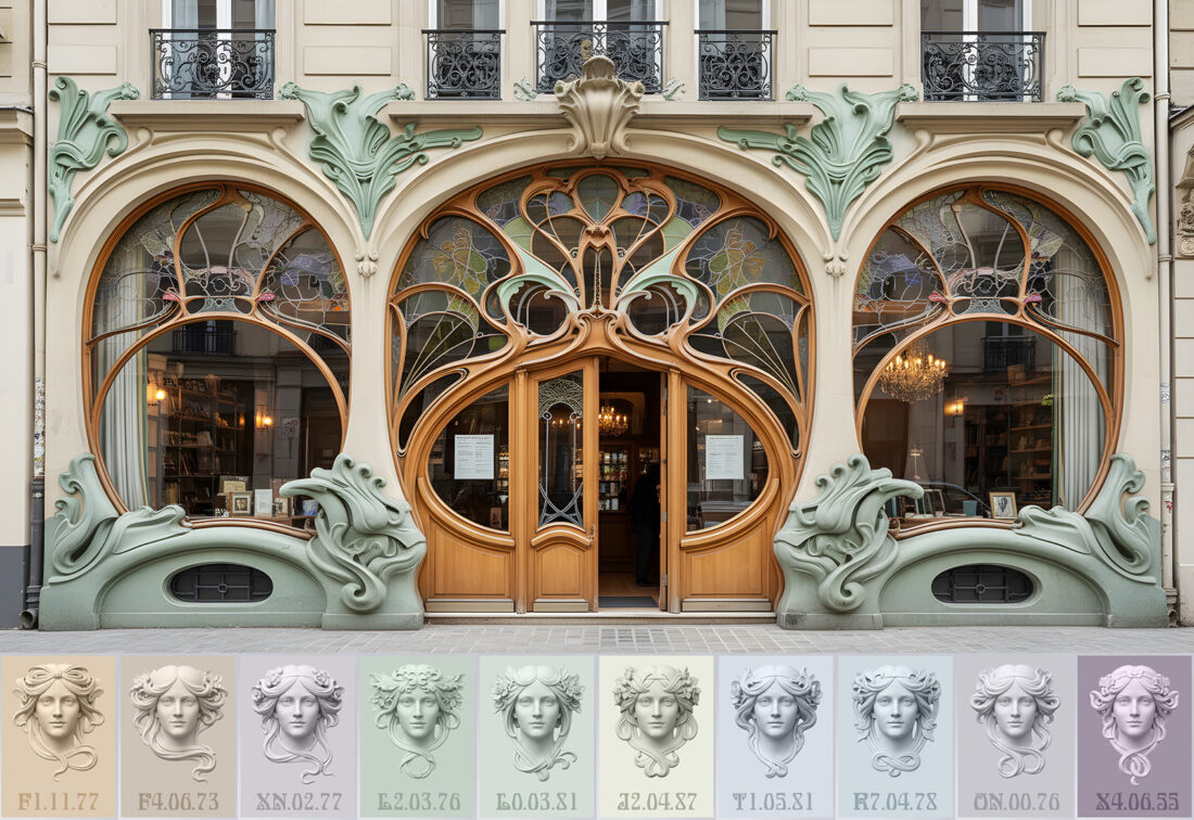 Фасад исторического здания в стиле модерн с характерными волнообразными проёмами, витражами и резными деревянными рамами тёплого оттенка. Нижняя часть изображения — палитра из десяти маскаронов в пастельных тонах: каждый рельефный женский профиль показан на отдельном цвете, демонстрируя нюансы сложной модерновой гаммы.