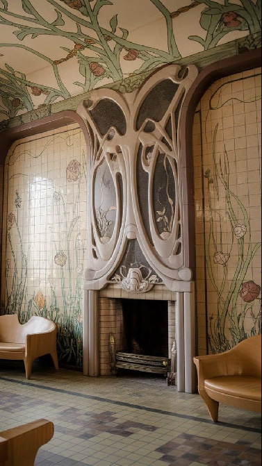 Изображение интерьера в стиле ар-нуво: изящный камин с плавными линиями, декоративные панели с растительными орнаментами и светлая мебель в уютной гостиной исторического особняка.