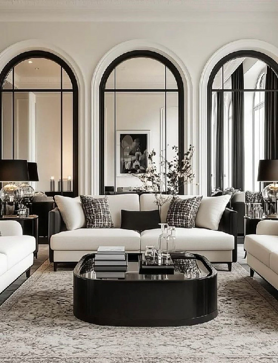 Современная гостиная в стиле ар-деко: светлые диваны с контрастными подушками, чёрный глянцевый журнальный столик и ряд высоких арочных зеркал с чёрными рамами вдоль стены.