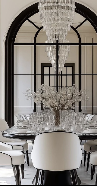 Столовая в стиле ар-деко: овальный чёрный стол с сервировкой и букетом в центре, белые кресла на чёрных основаниях и высокая хрустальная люстра на фоне арочного чёрного окна-перегородки.