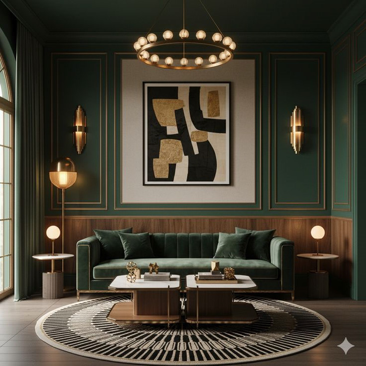 Гостиная в стиле ар-деко: изумрудные стены с золотыми молдингами, зелёный бархатный диван, круглый графичный ковёр, пара низких столиков и круглый светильник под абстрактной картиной.